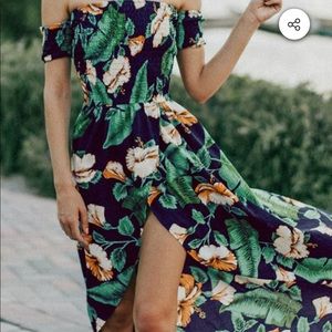 NWT Tropical Hibiscus Smocked Off Shoulder Maxi